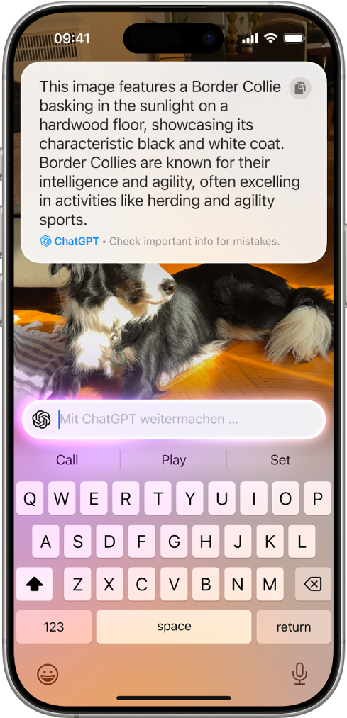 Der Bildschirm „Visual Intelligence“ mit ChatGPT-Ergebnissen. Oben auf dem Bildschirm ist die ChatGPT-Beschreibung eines Hundes, der von der iPhone-Kamera aufgenommen wurde. In der Mitte befindet sich ein Textfeld, damit Folgetext an ChatGPT eingegeben werden kann.