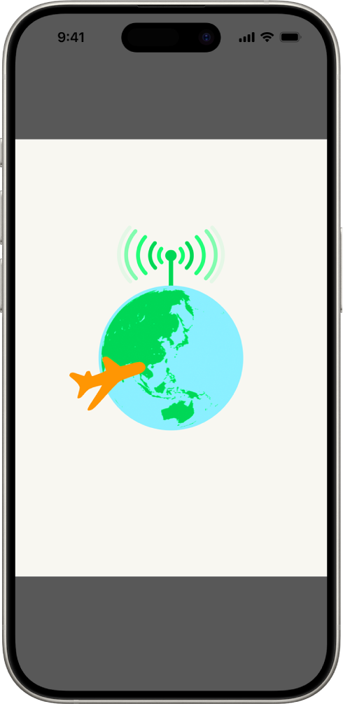 An iPhone screen showing an illustration of the globe. At the top of the globe is a radio signal and an airplane flies around the globe.