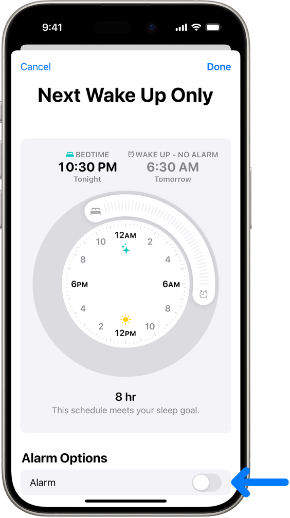 The Next Wake Up Only screen in Health with Alarm turned off at the bottom.