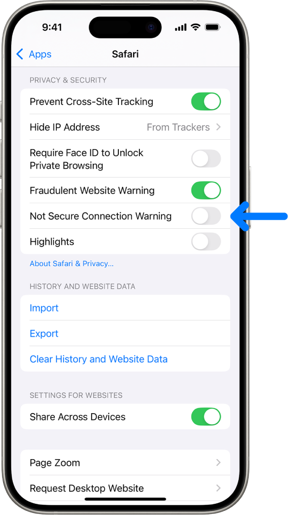 The Not Secure Connection Warning control, located below Privacy & Security on the Safari screen in Settings.