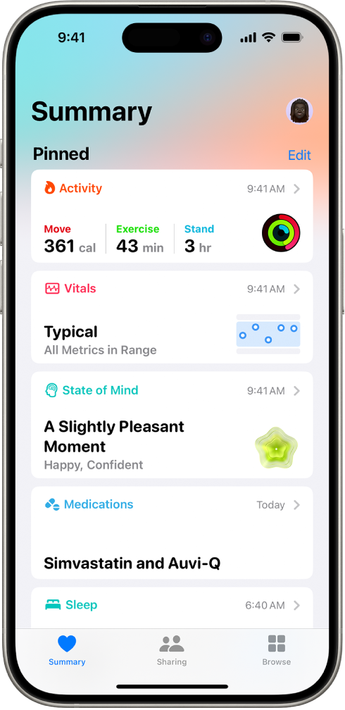 The Summary screen in Health. Information about activity, vitals, state of mind, and medications appears below Pinned.