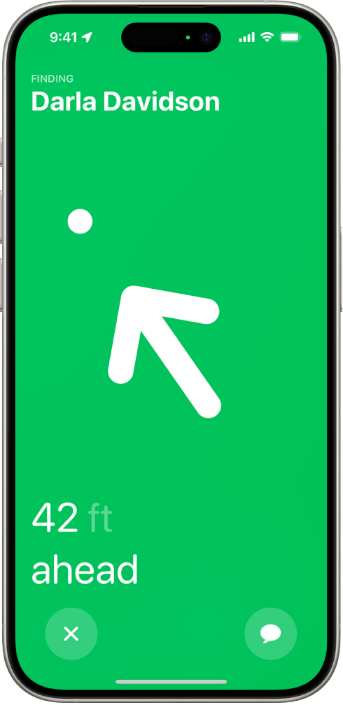 The name of a person being located with Precision Finding is in the top-left corner, and an arrow points in their direction with an estimate of how far away they are. At the bottom of the screen are buttons to close Precision Finding and send a message to the person.