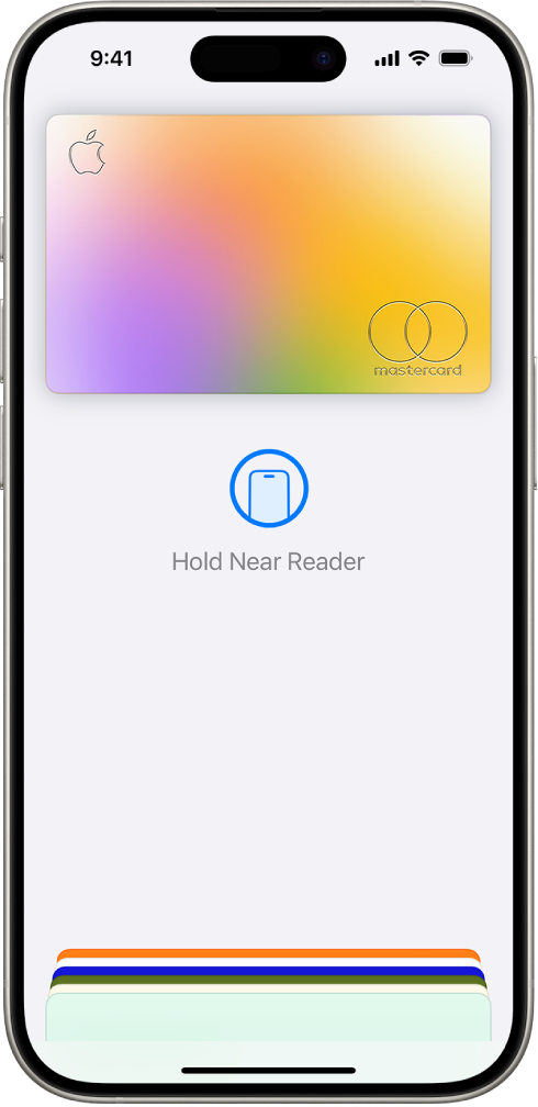 A credit card on the Wallet screen. Below the card is “Hold Near Reader.”