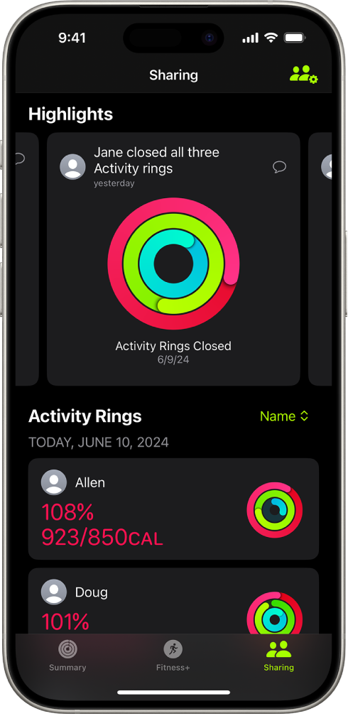 The Fitness Sharing screen, with activity rings and activity highlights shared between a person and their friends.