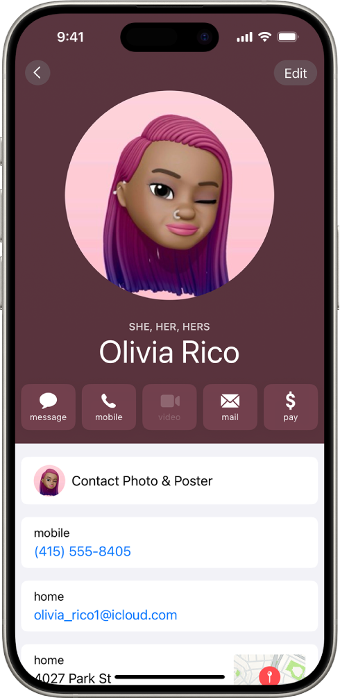 A contact named Olivia Rico with She, Her, and Hers pronouns below the contact photo. Below her name are buttons to send a message, call, mail, and use Apple Pay. At the bottom of the screen are the contact’s mobile number and email address.