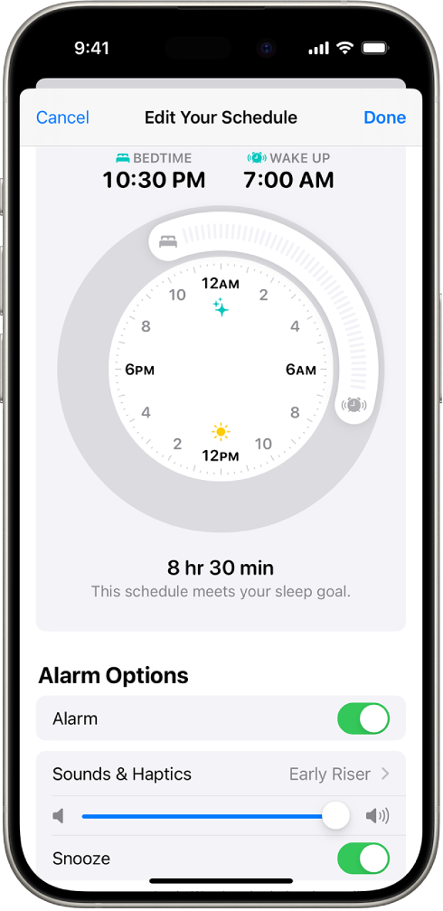 The Edit Your Schedule screen in Health, with the Bedtime and Wake Up clock at the top of the screen, and alarm options at the bottom of the screen.