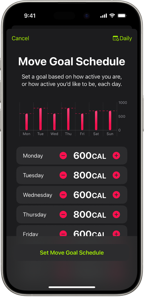 La pantalla de Programa del objetivo de Moverse en Fitness que muestra botones para aumentar o disminuir el objetivo de Moverse según el día de la semana.