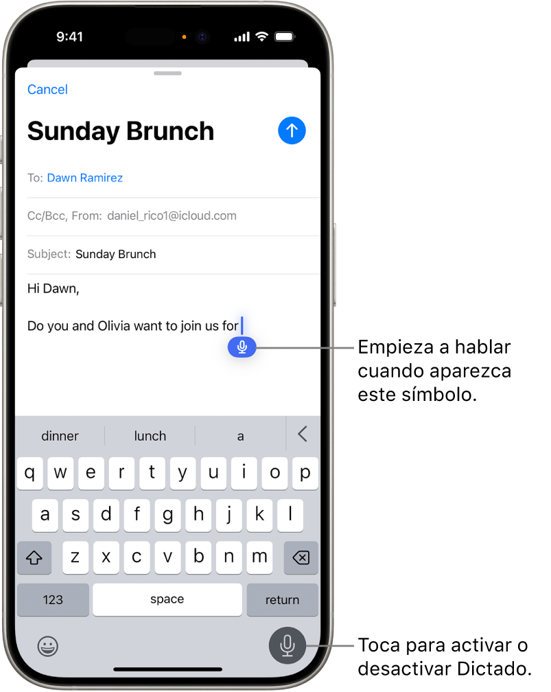 En la app Mail, el teclado en pantalla está abierto. Se selecciona el botón Dictado en la esquina inferior derecha de la pantalla y, debajo del punto de inserción en el campo de búsqueda, aparece el botón Dictado.