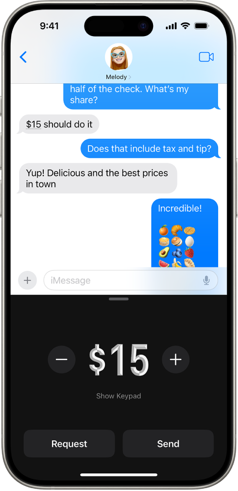 Conversación de iMessage con Apple Pay abierto en la parte inferior.