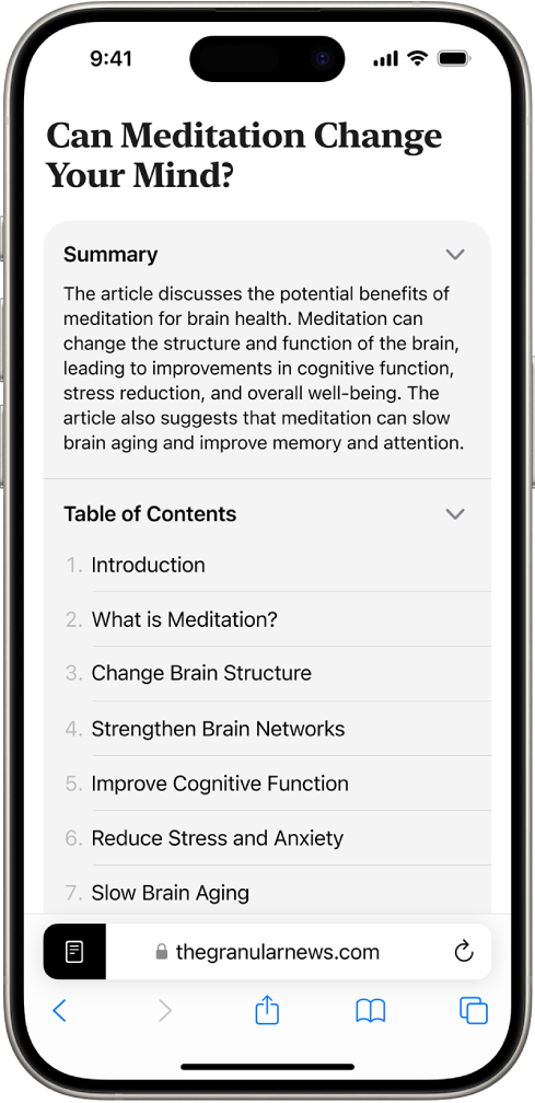 El lector de Safari con un resumen y una tabla de contenido.