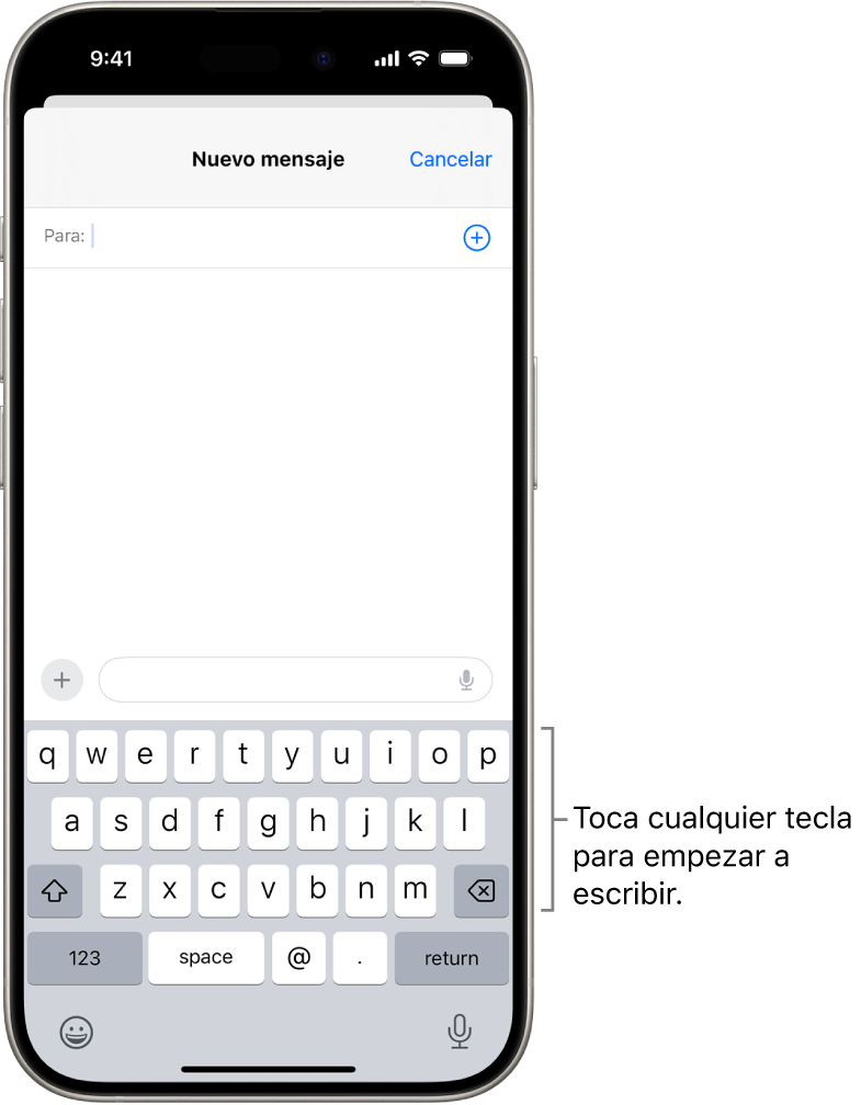 Correo electrónico en blanco abierto en la app Mail. El teclado en pantalla está en la mitad inferior de la pantalla.