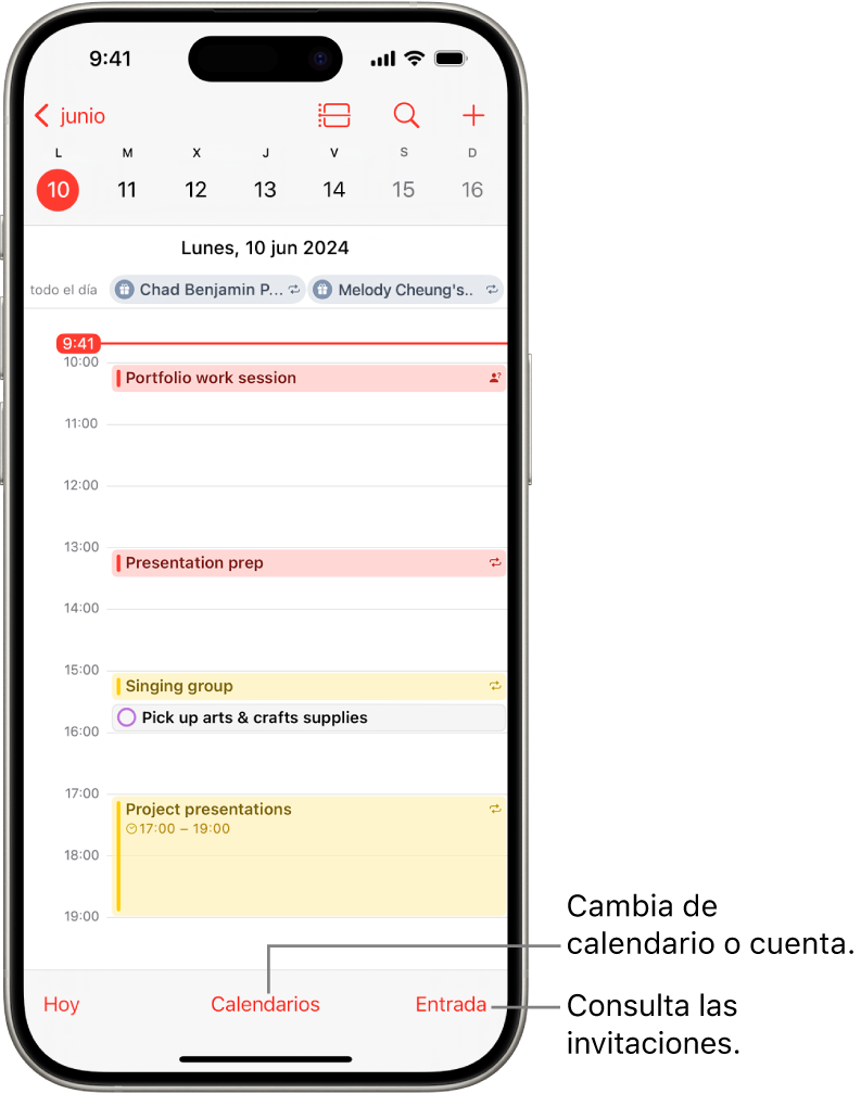 Calendario en la visualización diaria con los eventos del día. El botón Calendarios está abajo en el centro de la pantalla y el botón “Bandeja de entrada” está abajo a la derecha.