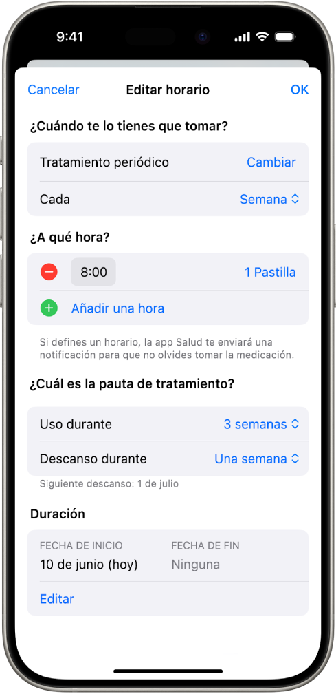 La pantalla Medicación de la app Salud, con opciones para cambiar el horario de un medicamento.