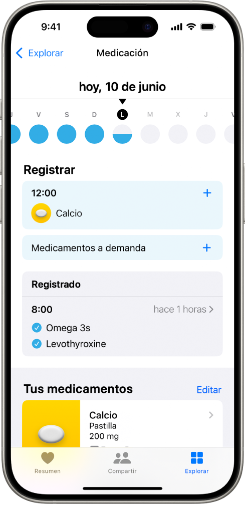 La pantalla Medicación de la app Salud, con una fecha y un registro de los medicamentos.