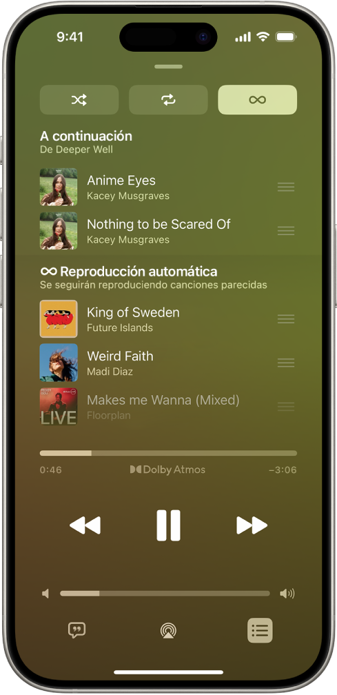 La pantalla “Ahora suena” con la cola “A continuación” y la reproducción automática activada. Debajo de las canciones del álbum se muestran canciones similares.