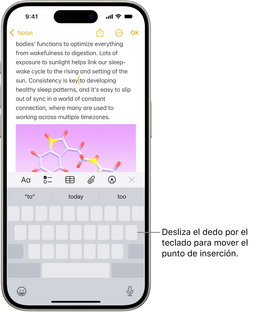 Documento abierto en la app Notas. El teclado en pantalla que se muestra en la mitad inferior de la pantalla está en modo trackpad.