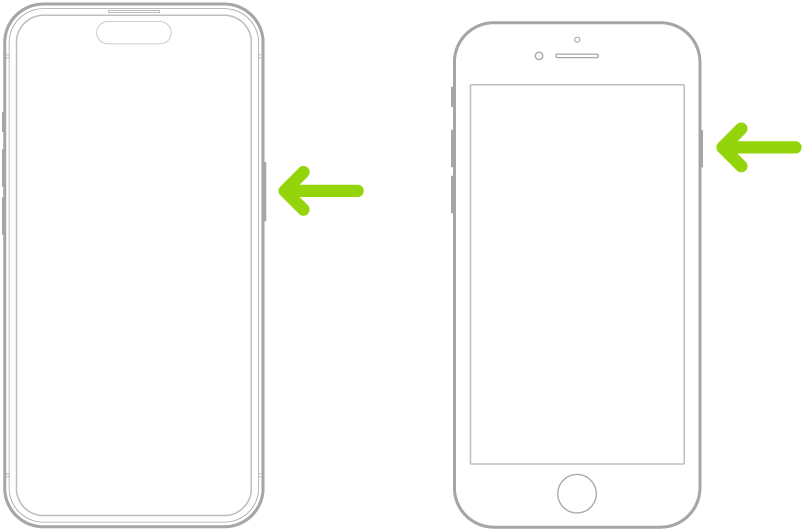 Una flecha verde que apunta a la parte inferior en el lado derecho del iPhone.