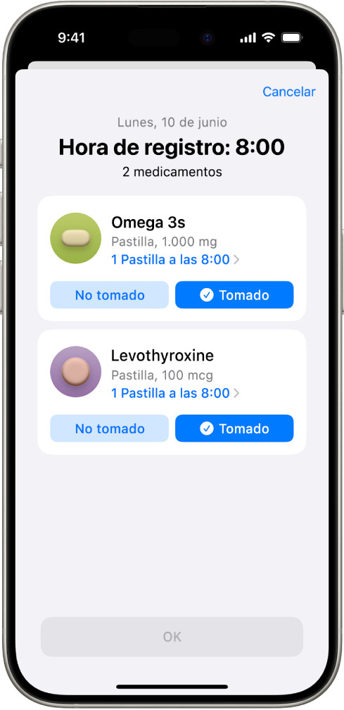 Pantalla Medicación de la app Salud con un registro de los medicamentos.