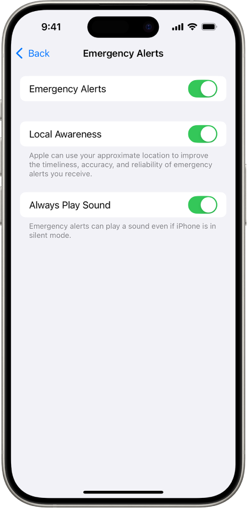 Kuva Emergency Alerts, kus on Emergency Alerts, Local Awareness ja Always Play Sound lülitatud sisse.