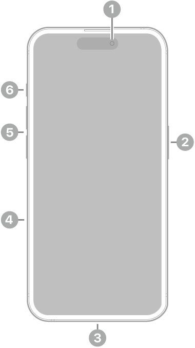 La vue de face de l’iPhone 15 Pro. La caméra avant se trouve en haut au centre. Le bouton latéral est situé sur le côté droit. Le connecteur Lightning se trouve en bas. Sur le côté gauche, de bas en haut, se trouvent le support pour carte SIM, les boutons de volume et le bouton Action.