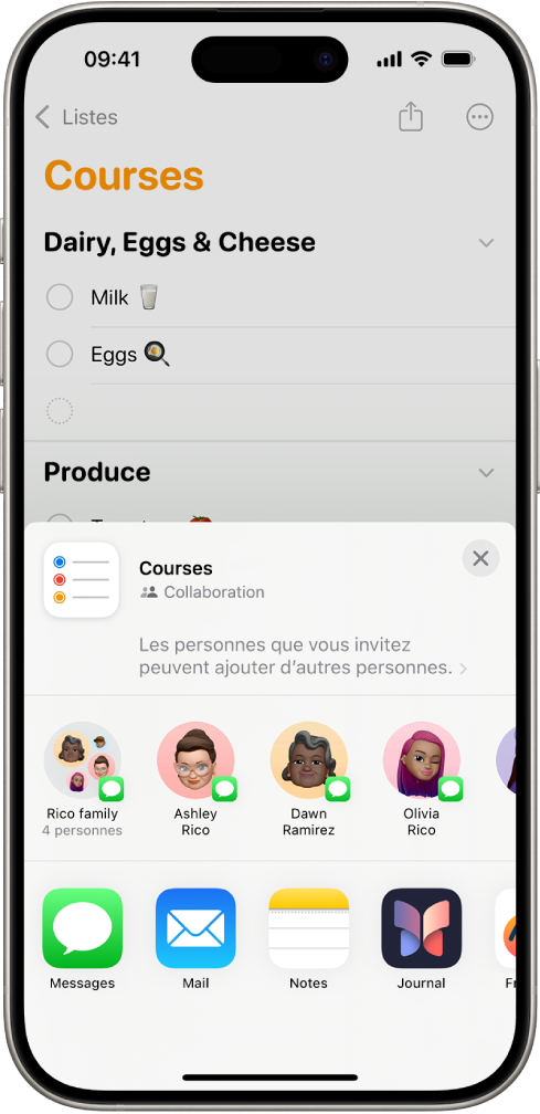 L’app Rappels, avec une liste de courses et des options de partage en bas de l’écran.