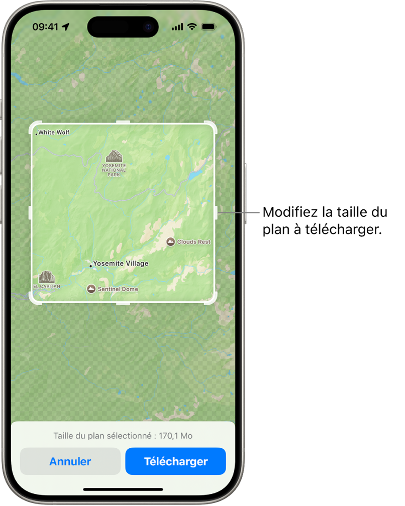 Plan d’un parc national. Le parc est encadré par un rectangle avec des poignées, qui peuvent être déplacées pour modifier la taille du plan à télécharger. La taille de téléchargement du plan sélectionné est indiquée vers le bas du plan. Les boutons Annuler et Télécharger se trouvent en bas de l’écran.