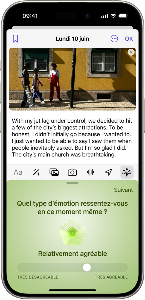 Une entrée de journal comportant une section au bas de l’écran au sein de laquelle vous pouvez enregistrer votre état d’esprit.