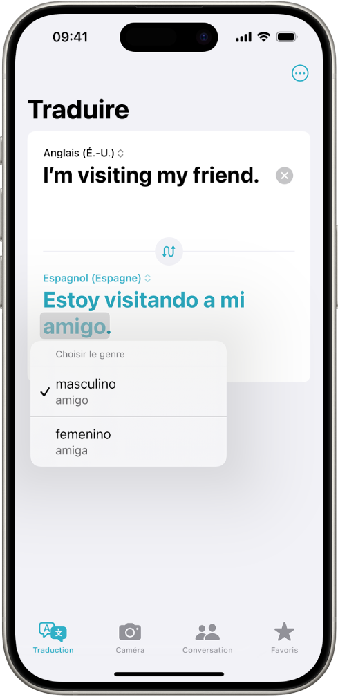 Onglet Traduction montrant une phrase traduite de l’anglais vers l’espagnol, avec en dessous un mot surligné en gris avec différentes variations de genre.