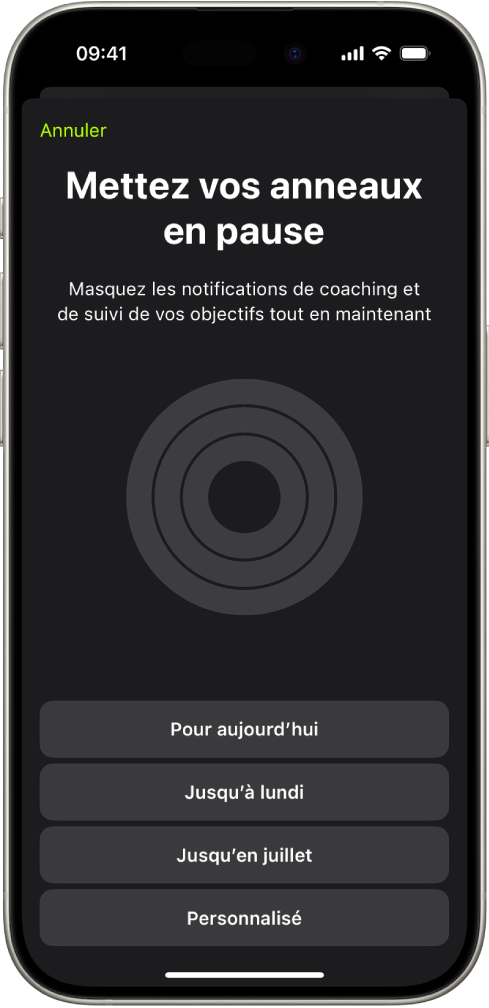 L’écran de mise en pause des anneaux dans l’app Forme, avec des options de mise en pause des anneaux Activité.