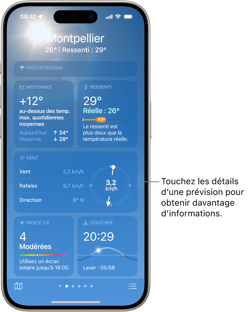 L’écran Météo affichant la position en haut avec, en dessous, la température et les conditions météo actuelles. Le reste de l’écran contient les informations météorologiques des éléments suivants : la qualité de l’air, les précipitations, l’indice UV et l’heure de coucher du soleil.