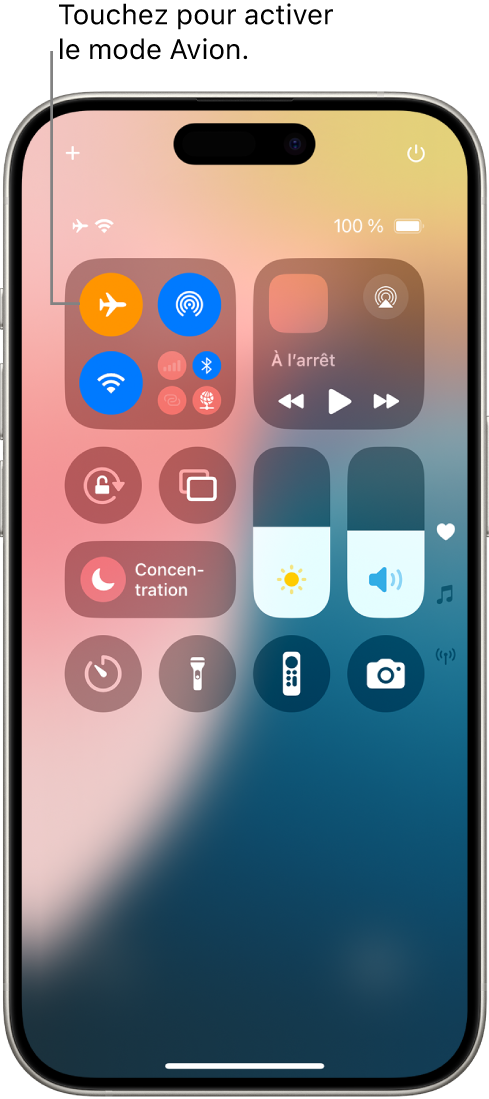 L’écran du centre de contrôle montrant qu’une pression sur le bouton en haut à gauche active le mode Avion.