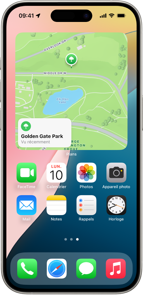 Le widget Plans, d’autres widgets ainsi que des icônes d’app sur l’écran d’accueil d’un iPhone.