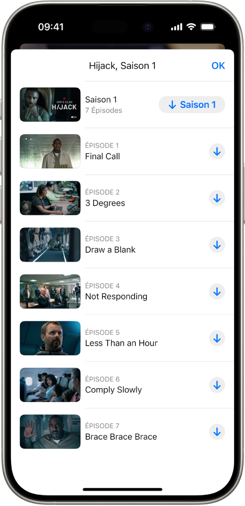L’onglet Apple TV+ affichant une liste d’épisodes d’une création Apple Original. Les boutons permettant de télécharger toute la saison et chaque épisode apparaissent sur la droite de l’écran.