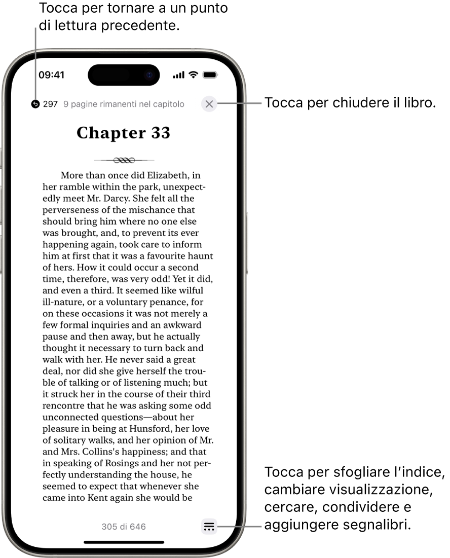 La pagina di un libro nell’app Libri. Nella parte superiore dello schermo sono presenti i pulsanti per tornare alla pagina da cui hai iniziato a leggere e per chiudere il libro. Nella parte inferiore destra dello schermo è presente il pulsante Menu.