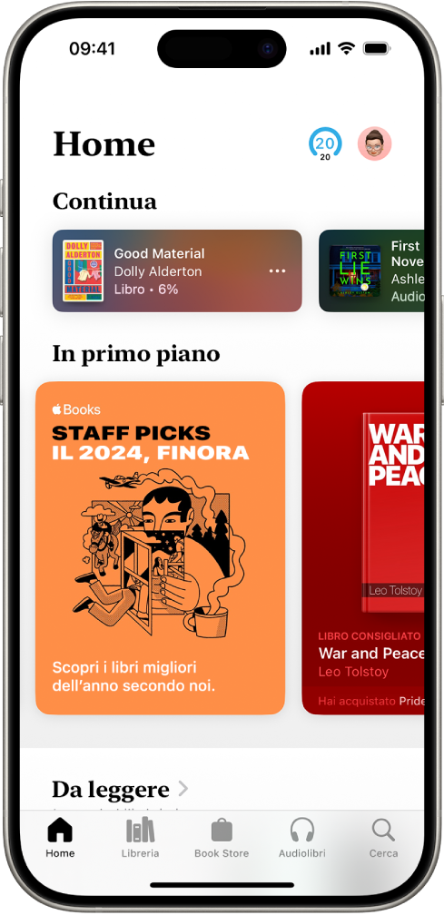 La schermata Home nell’app Libri. Nella parte inferiore dello schermo, da sinistra a destra, sono presenti le sezioni Home, Libreria, Book Store, Audiolibri e Cerca. Il pannello Home è selezionato.