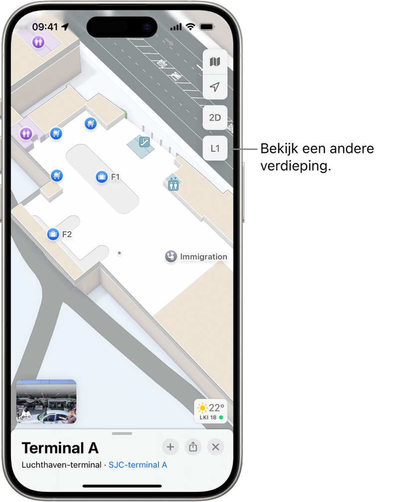 Een plattegrond van een luchthaventerminal. Er zijn onderdelen als immigratiecontrole, trappen, toiletten en een eerstehulppunt. Bij kaarten van gebouwen met meerdere verdiepingen kun je naar een andere verdieping gaan met de knop 'L1' (voor verdieping 1).