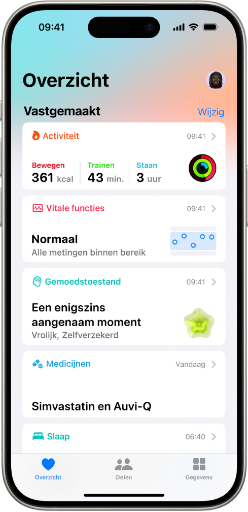Het overzichtsscherm in Gezondheid. Informatie over activiteit, vitale functies, gemoedstoestand en medicatie wordt onder 'Vastgemaakt' weergegeven.