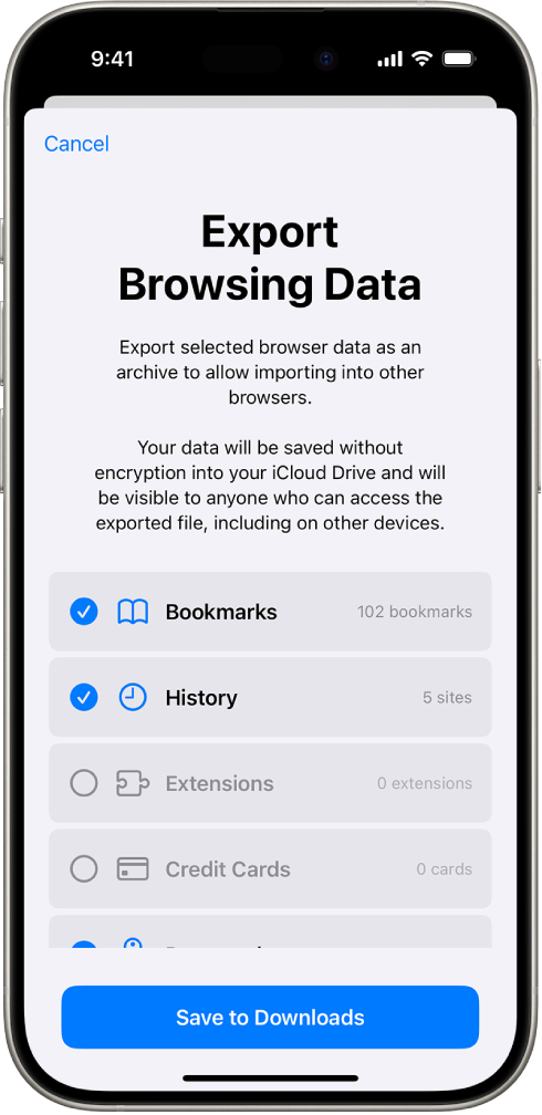 Екран Export Browsing Data на ком су приказани подаци које можете да извезете из апликације Safari у неки други прегледач.