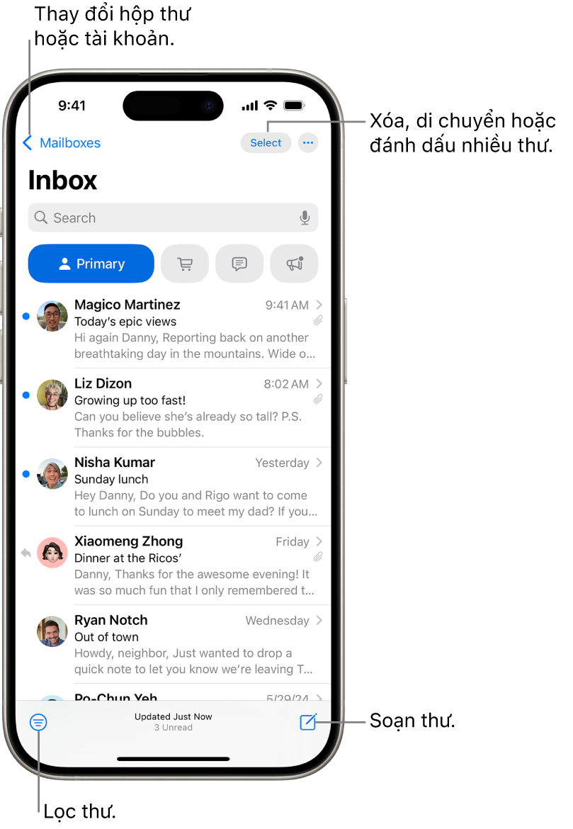 Hộp thư đến của Mail, đang hiển thị một danh sách các email.