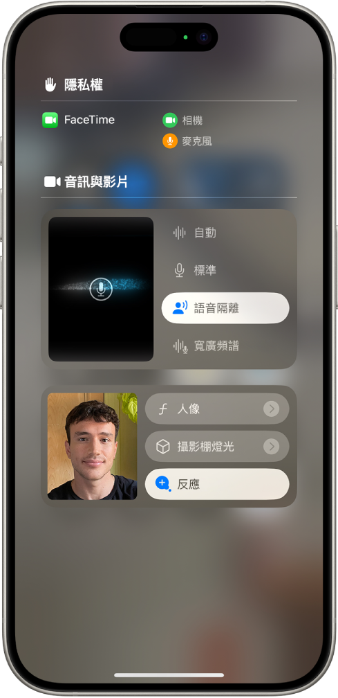 FaceTime 通話的「控制中心」設定，顯示音訊設定「自動」、「標準」、「語音隔離」和「寬廣頻譜」。