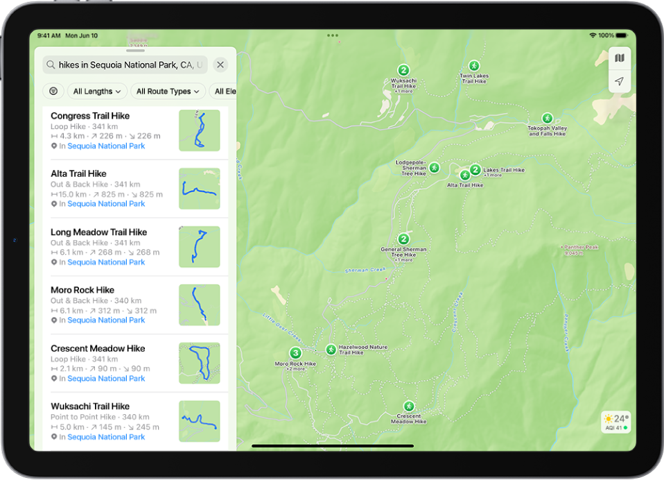 L’app Mapes mostra els resultats que coincideixen amb una cerca de rutes de senderisme d’un parc nacional.