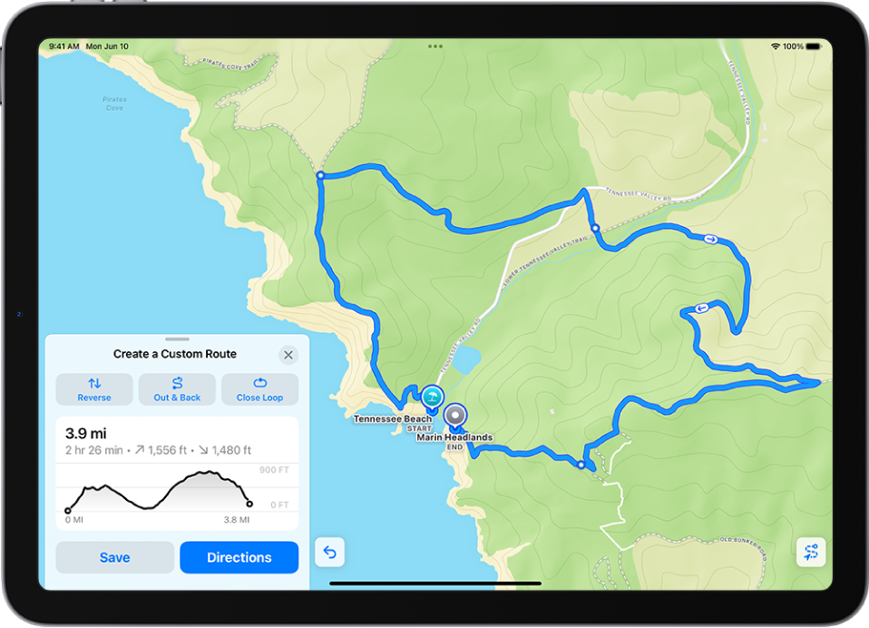 Una ruta personalitzada a l’app Mapes, amb distància, perfil d’elevació, temps estimat i opcions per desar o obtenir indicacions per iniciar la ruta.