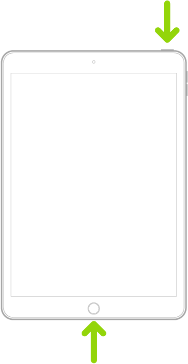 En iPad med knappen Hjem. Pile peger mod knappen Hjem og den øverste knap.