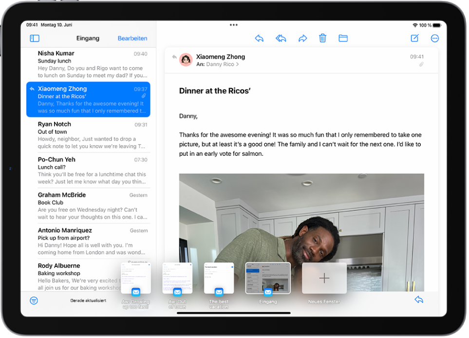 Das Fenster der App „Mail“ zeigt Nachrichten für alle Posteingänge links und fünf Miniaturen unten, die am Bildschirm entlang angezeigt werden.