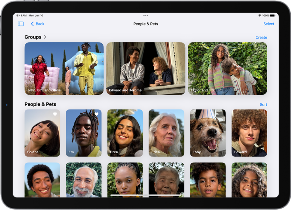 The People & Pets screen in the Photos app. There is a row of groups at the top of the screen, with individual people and pets below.