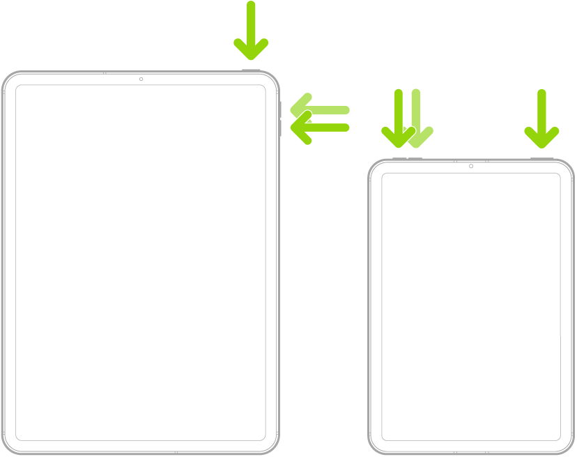 Two iPad models. Both iPad models have a top button; one iPad model has volume buttons on the side, and the other has volume buttons at the top. Arrows point to the top buttons and volume buttons.