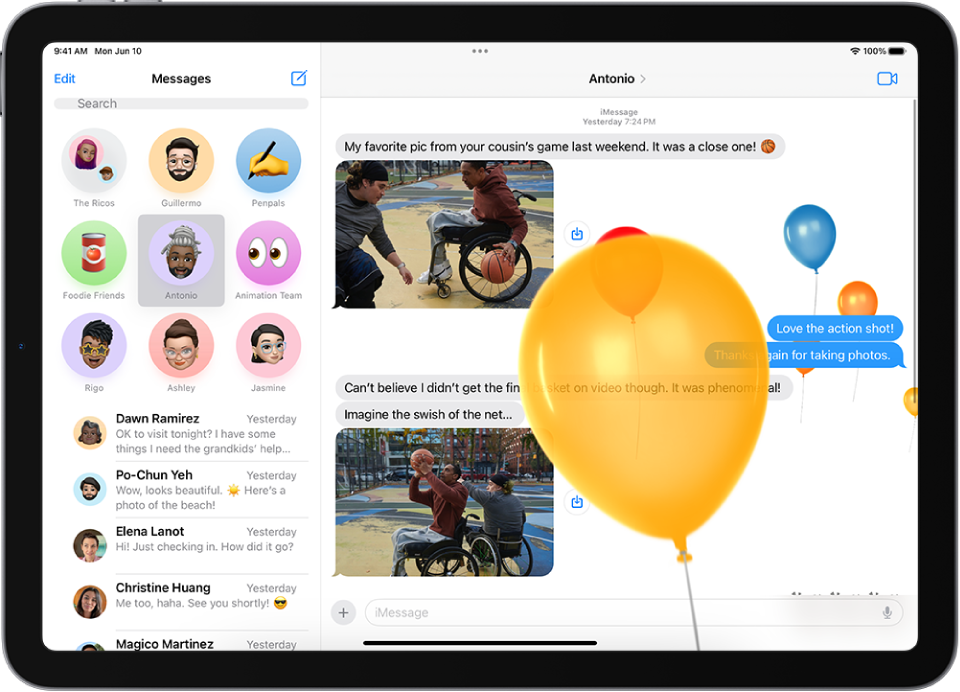 A full-screen animation of balloons in a Messages conversation.