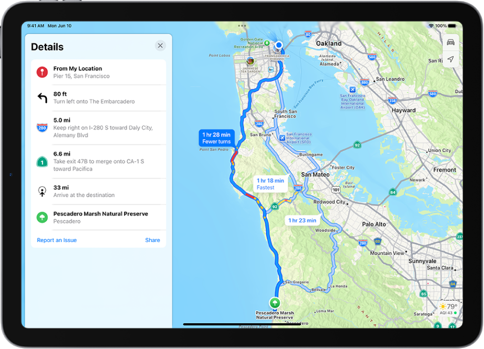 A map showing three options for routes and a detailed list of steps to get to a destination with the fewest turns.