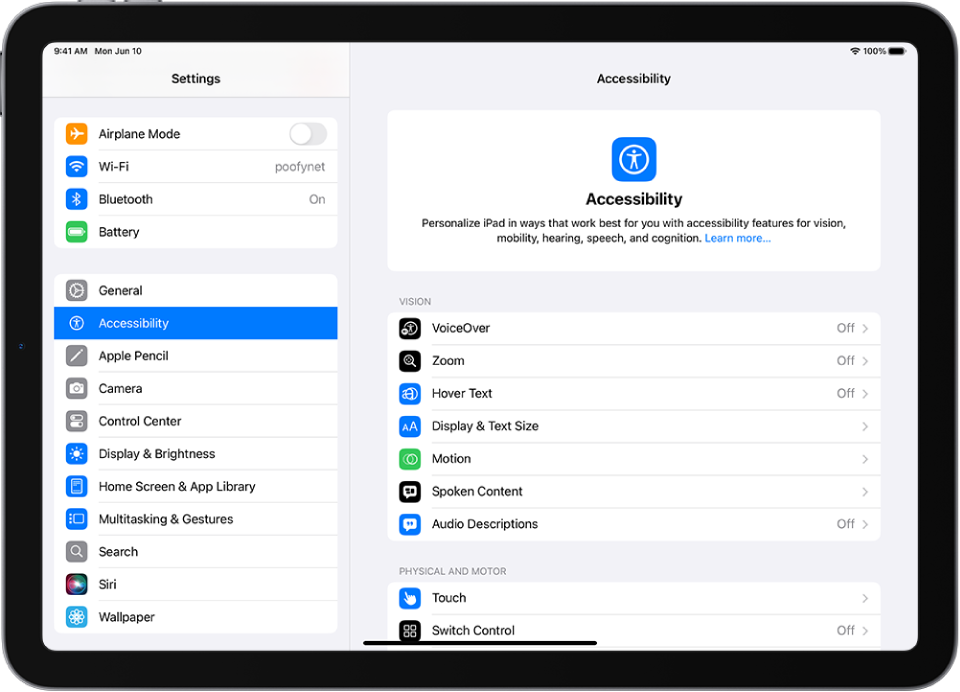 A Settings screen showing Accessibility options such as VoiceOver, Audio Descriptions, and Switch Control.