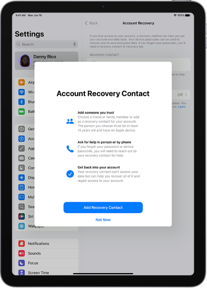 The Account Recovery Contact screen with information about the feature. The Add Recovery Contact button is at the bottom